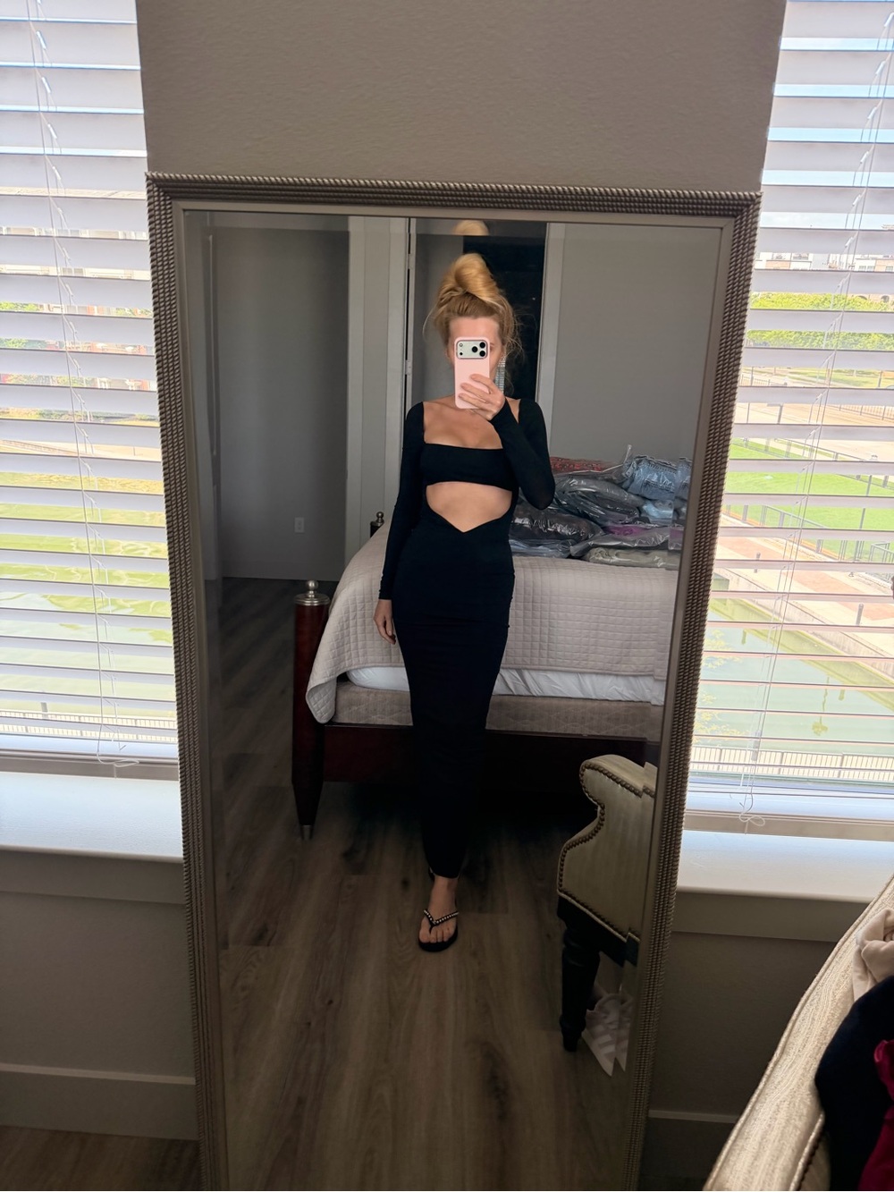 Meshki Black Long Sleeve Cutout Midi Dress